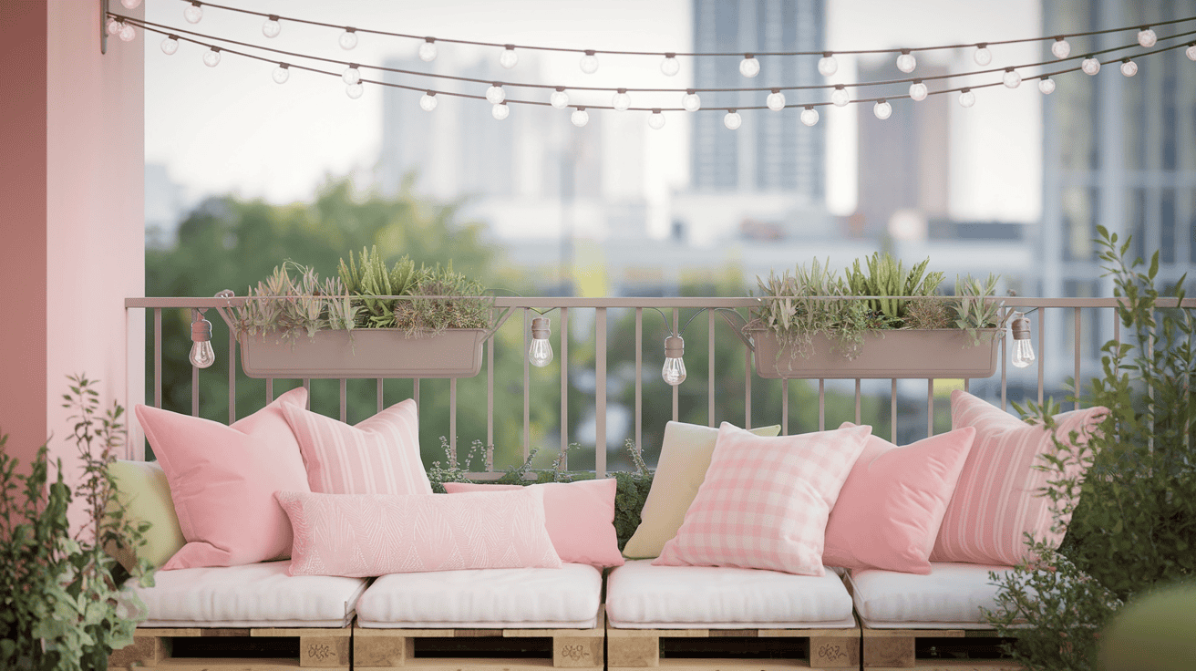 Cozy balcony with pink cushions on a pallet bench, surrounded by potted plants. String lights hang above, creating a warm, inviting atmosphere. Urban backdrop.