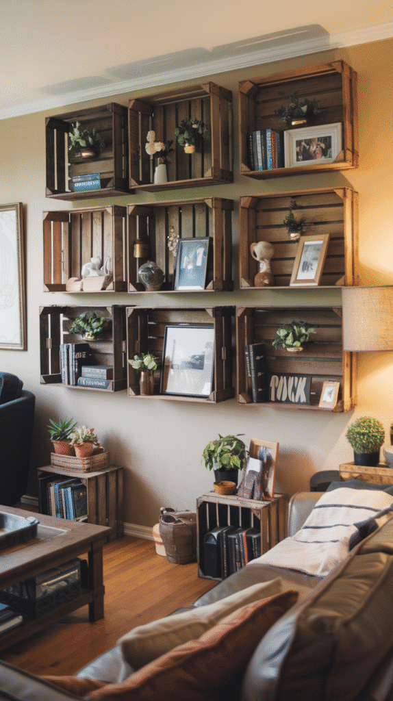 A series of rustic wooden crates mounted on the wall. They're filled with small plants, framed photos, and favorite books, creating a warm and inviting atmosphere in your living room.
