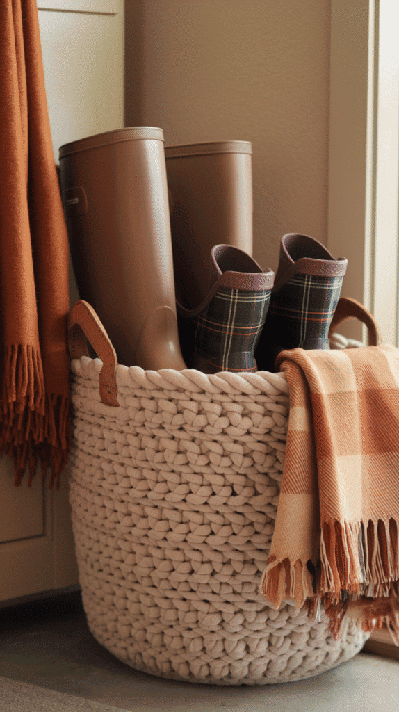Replace your summer shoe tray with a cozy wicker basket or felt bin to store boots and slip-ons.