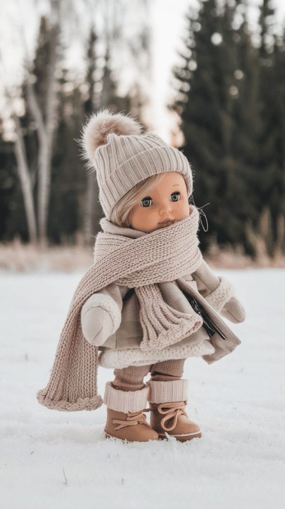 A cozy winter doll bundled in a removable scarf, boots, and tiny hat—all made by you.
