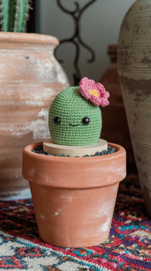 A faux terra cotta pot holding a cheerful amigurumi cactus with a crochet flower bloom.
