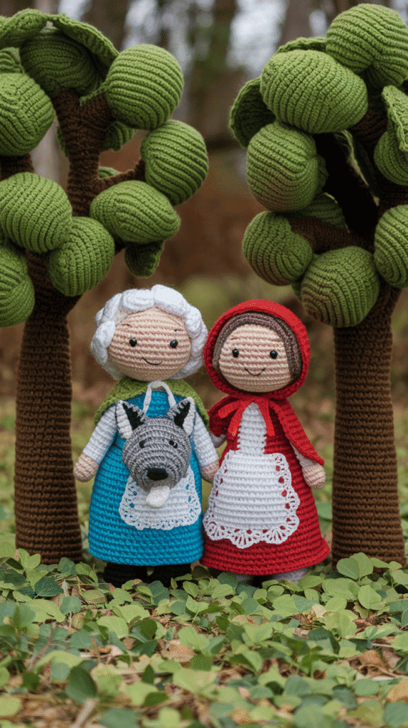 A handcrafted wolf, grandma, and Red Riding Hood standing together on a crocheted forest scene.
