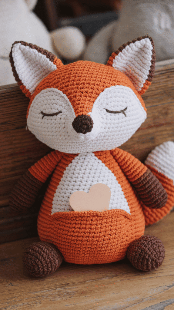 A sleepy fox plushie with a belly pocket that holds a secret heart-shaped note.