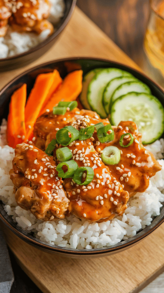 Fluffy white rice steaming gently, topped with bright orange carrots and cool, crisp cucumber slices. The chicken glistens with that dreamy, creamy sauce that promises a fiery kick. Every bite is an explosion of textures — crunchy, tender, creamy, and fresh — all working together in perfect harmony. The tangy, spicy aroma wafts up, making your mouth water before your fork even touches the bowl. It's like a cozy night in, a mini escape to your favorite Asian-inspired restaurant, all in one beautiful, colorful bowl.