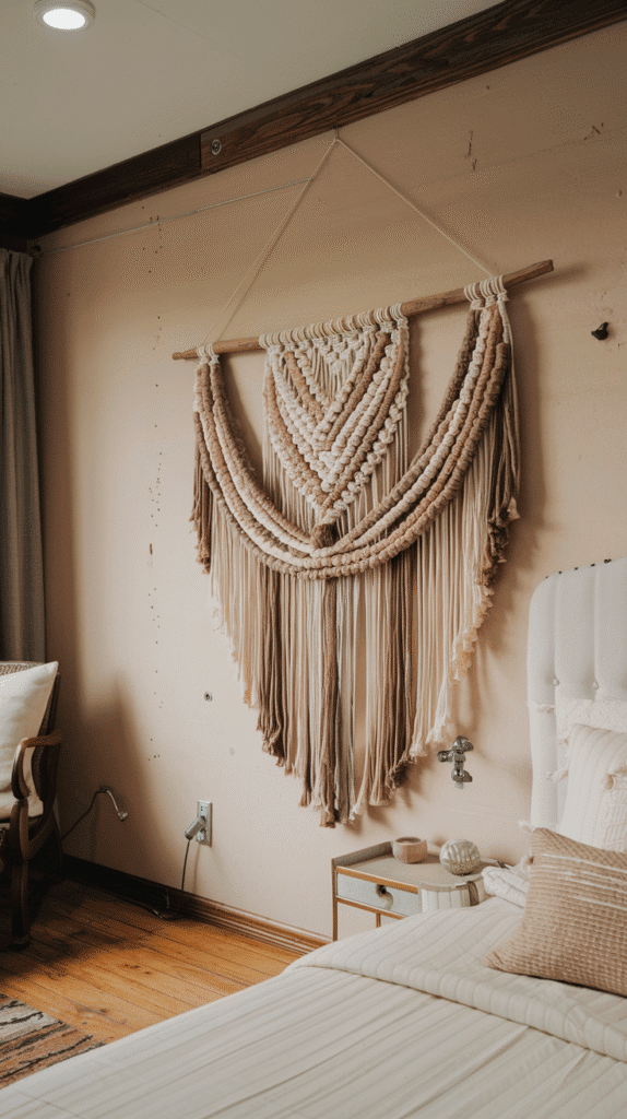 Imagine a creamy, hand-knotted macrame piece swaying gently above your bed or workspace, instantly transforming it into a serene retreat.