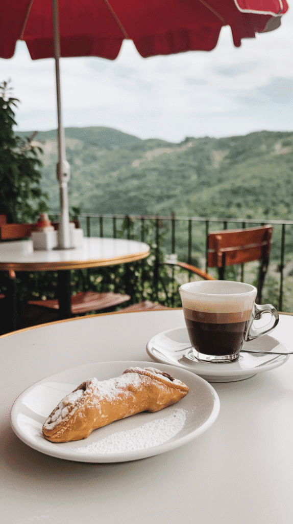 A quaint outdoor café overlooking lush green hills, a delicate cannoli dusted with powdered sugar in one hand, and an espresso in the other — pure Italian bliss.