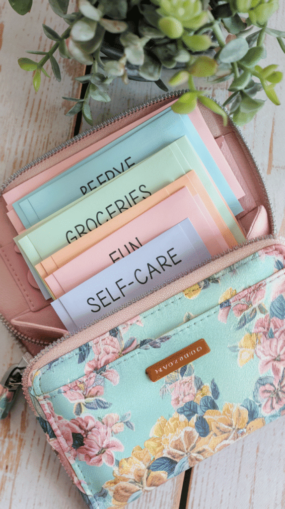Visualize a cute floral wallet filled with pastel envelopes labeled "Groceries," "Fun," "Self-Care." Every time you pay, it feels like a mini celebration of your discipline and creativity.