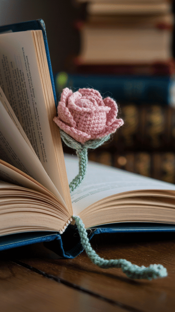 A delicate amigurumi flower peeking out of her book while its root dangles below.
