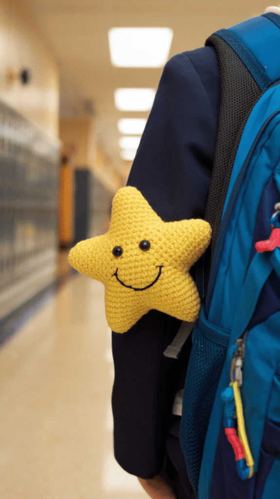 A smiley star tucked inside a child's pocket, ready for their first day of school.