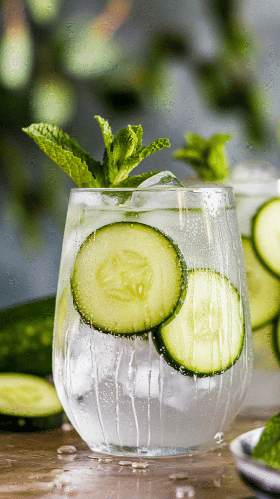 Light, cooling, and spa-day chic. A refreshing cocktail with the essence of cucumber and mint, this one’s perfect for unwinding after a hot day.