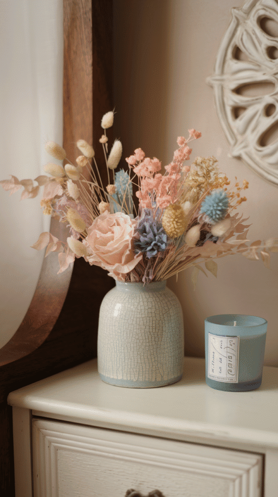 A soft, neutral bouquet in a ceramic vase sitting pretty on your nightstand or shelf, giving off a romantic, vintage feel.
