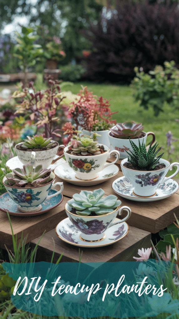 Add a whimsical touch to your garden with tiny floral arrangements in vintage teacup planters that charm and delight.