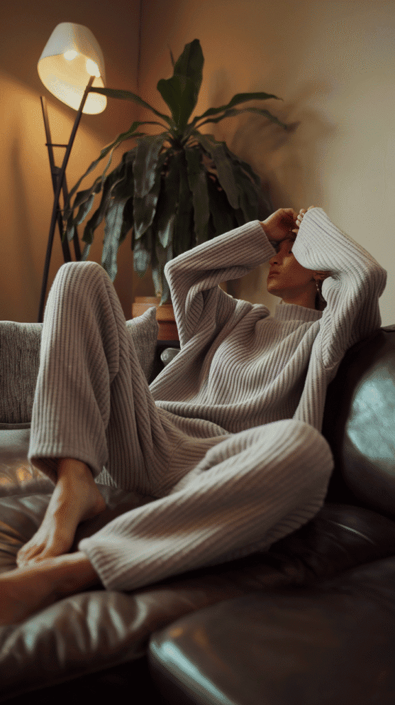 You slip into a cozy loungewear set that makes you feel grounded yet elevated, ready to step into your role as the main character of your day.