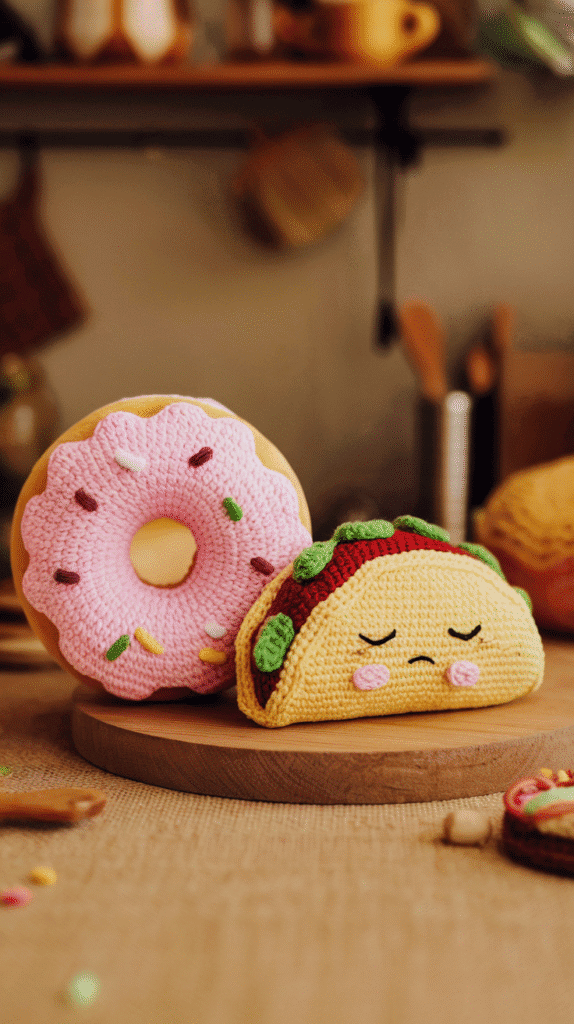 A soft pink frosted donut with sprinkles beside a sleepy-faced taco, ready for a kitchen shelf photo-op.