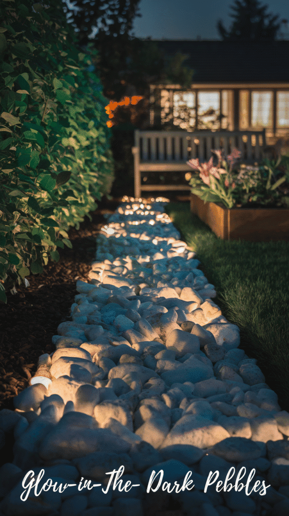 Line your garden paths with glow-in-the-dark pebbles that offer a touch of nighttime enchantment after sunset.