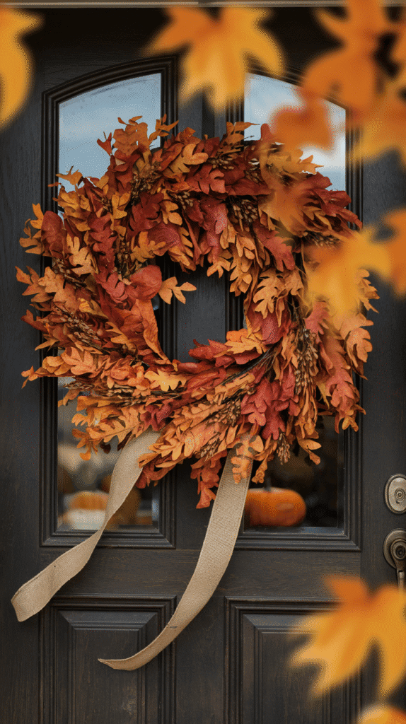 A faux wreath with foliage, berries, or mini pumpkins brings instant autumn charm—and can be reused year after year.