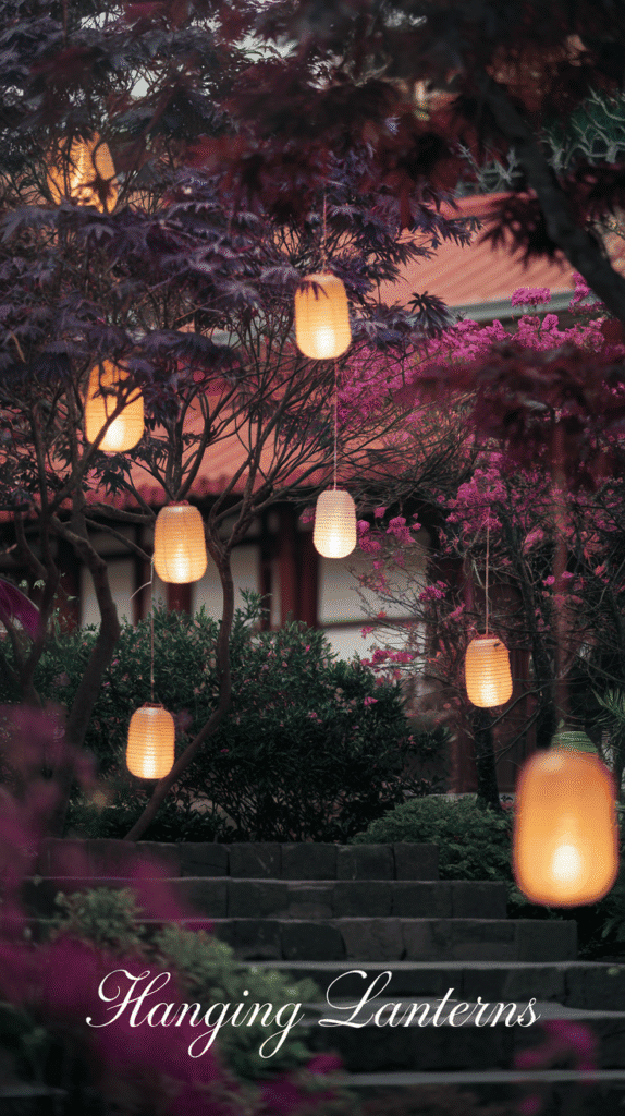 Elevate your garden's magic with charming hanging lanterns that sway in the breeze, creating an enchanting nightscape.