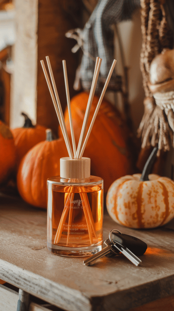 Place a fall-scented diffuser, plug-in, or reed set in a corner of the room. Scents like cinnamon, apple, or clove bring a warm welcome.