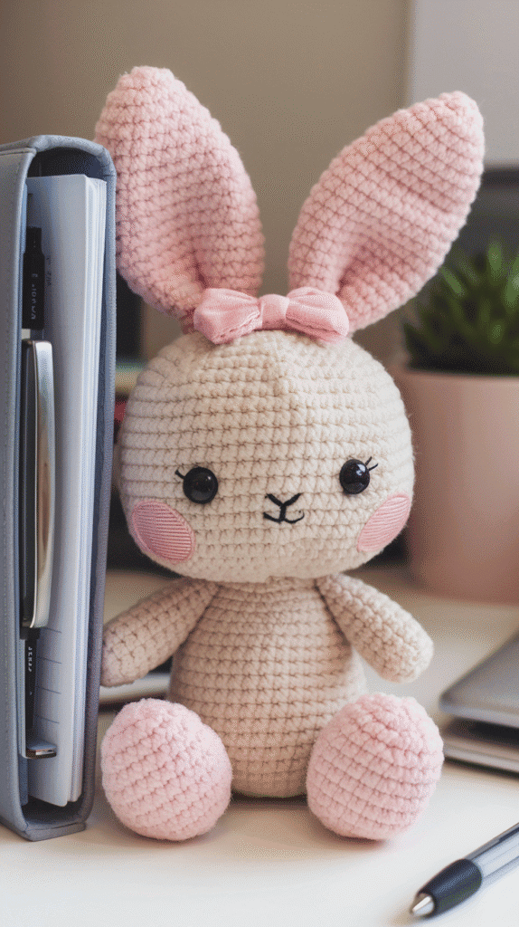 A baby bunny with a giant head, pink cheeks, and tiny rosy bow, sitting next to your planner.