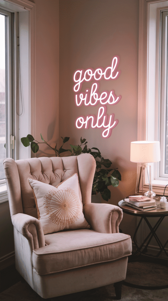 A soft pink “Good Vibes Only” glow lighting up your vanity area or your cozy reading nook.