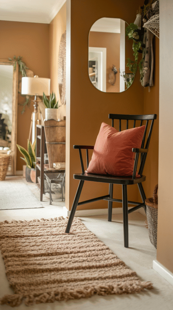 Add a small runner rug or accent pillow on a chair. Look for chunky knits, plaid, or warm-tone weaves.