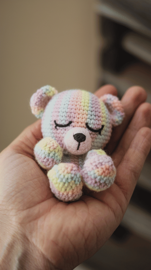 A tiny sleepy bear curled up in your hand, soft as a cloud, stitched in pastel yarn with little black safety eyes.