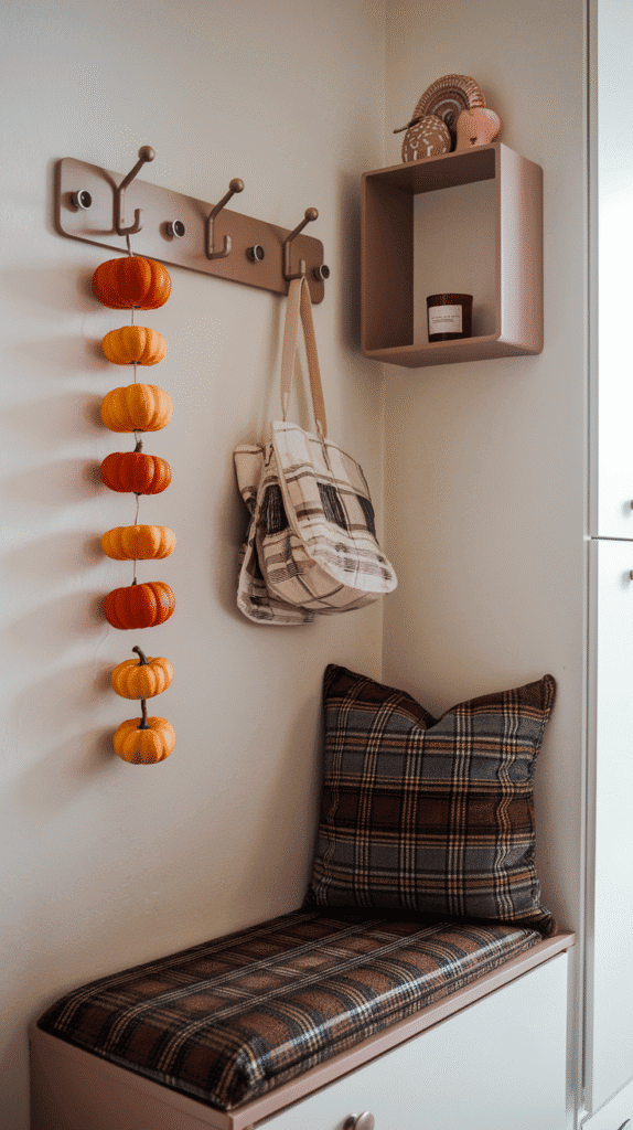 Even if your space is tiny, you can still make a cozy fall statement. Utilize vertical wall space, narrow benches, or slim storage to create a festive entry feel without overcrowding.