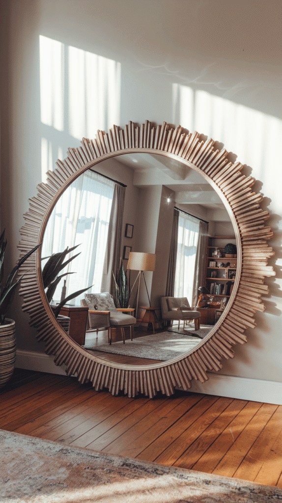 A large round mirror with a DIY sunburst frame catching the morning light and making your room feel instantly bigger.