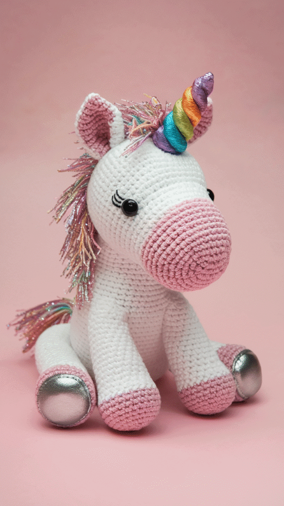 A sparkly crochet unicorn with a twisted rainbow horn and metallic hooves.
