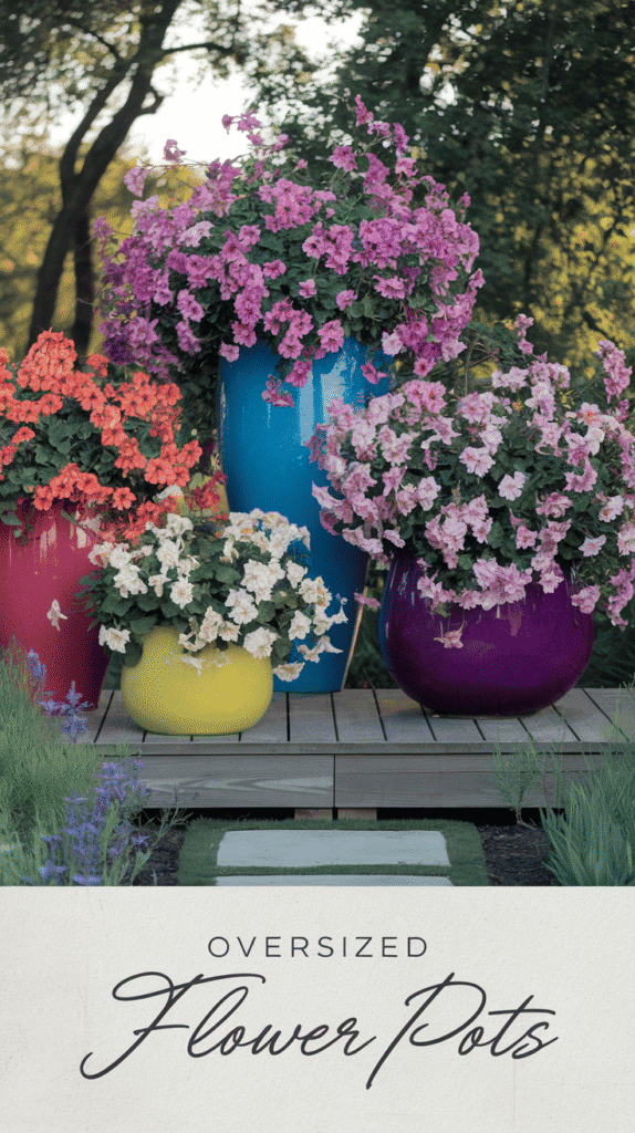 Make a bold statement with oversized flower pots brimming with vibrant blooms that bring magic and color to your garden.
