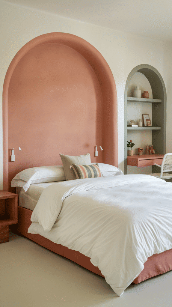 A soft terracotta arch behind your bed that acts like a built-in headboard, or a sage green arch framing your desk area.