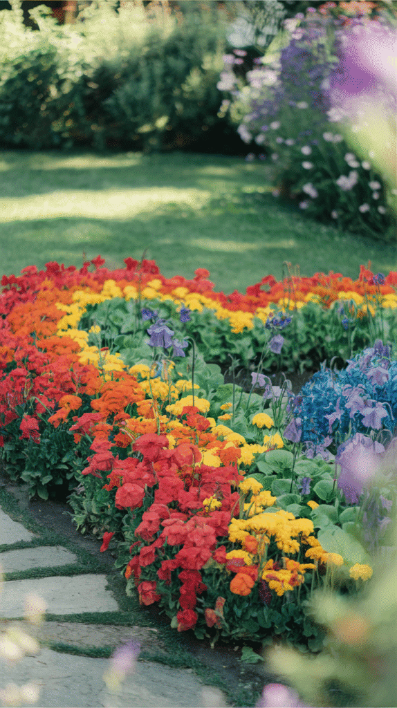 Transform your garden into a vibrant masterpiece with flowing rainbow-colored flower beds that captivate and inspire.
