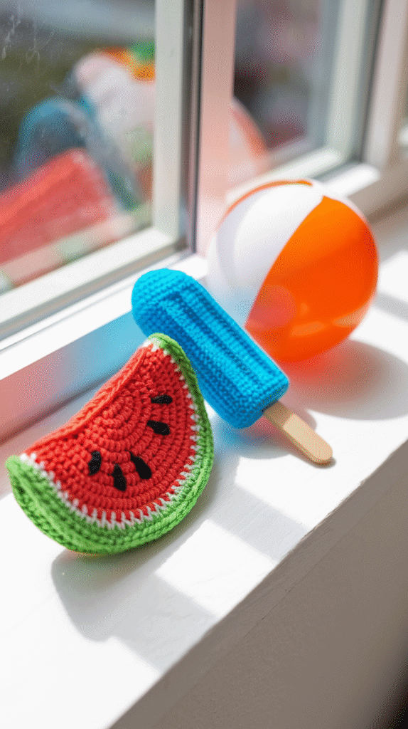 A sunny windowsill with a crochet watermelon slice, popsicle, and beach ball lined up in a row.
