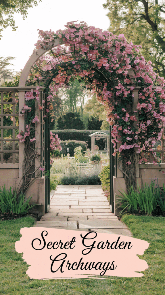 Step into a hidden paradise with romantic garden archways that create the perfect entrance to your whimsical retreat.
