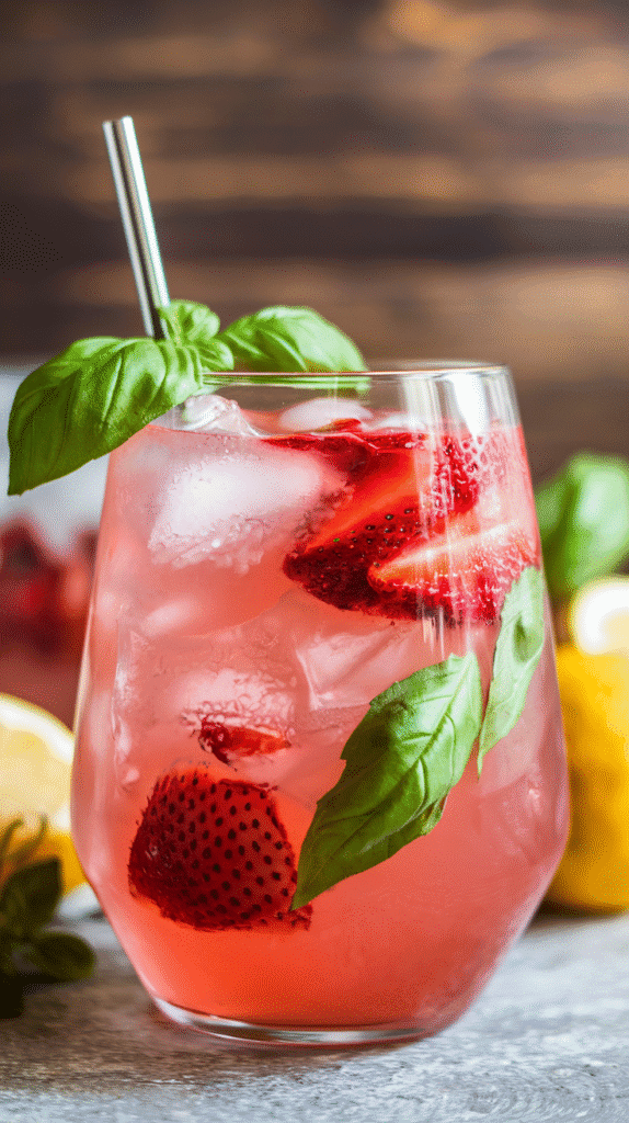 Sweet, herby, and oh-so-refreshing. This bright pink lemonade cocktail is bursting with strawberry flavor and an aromatic twist of basil.
