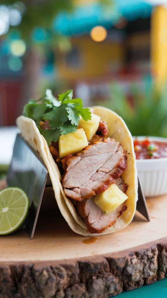 These tacos are made with marinated pork that's been cooked on a spit (similar to shawarma).