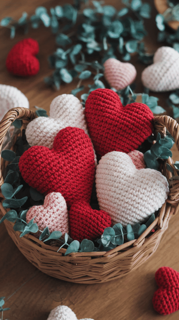 A basket of crochet hearts in red, blush, and white, ready to sprinkle around a Valentine's brunch.