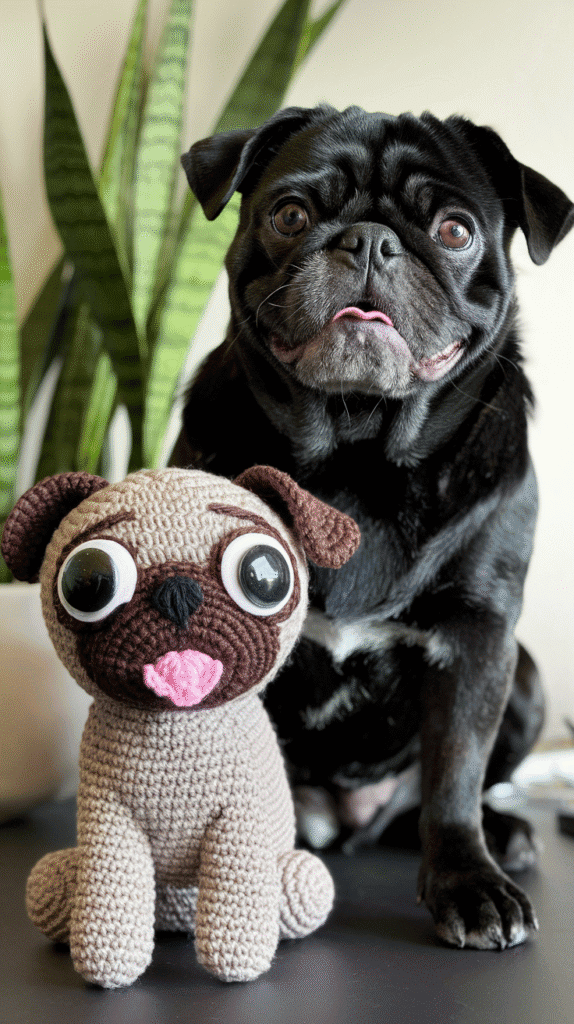 A small crocheted pug with big eyes and a pink tongue, perched on a desktop beside the real deal.