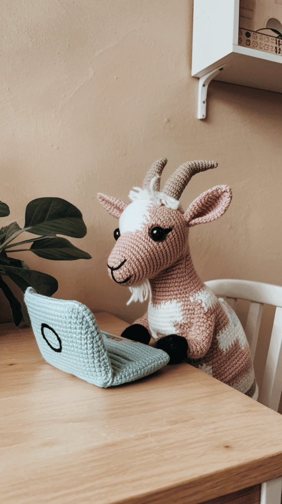 A tiny Capricorn goat with a little crocheted laptop, representing the sign's go-getter energy.