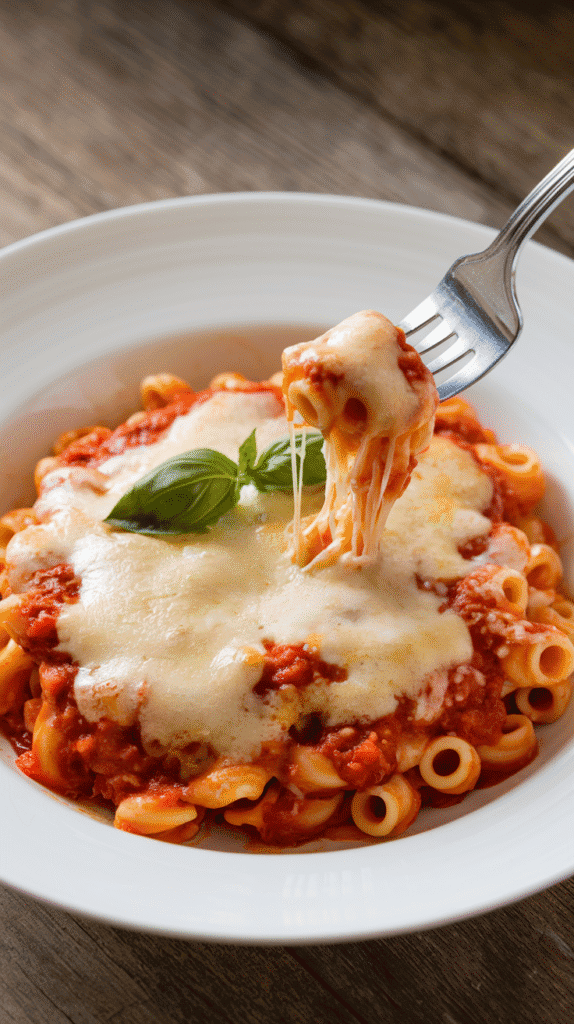 Cozy Pasta Recipe - Cheese stretching from your fork to the dish, sauce bubbling at the edges, a sprig of basil for flair.