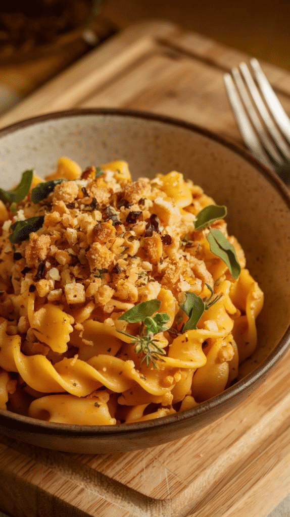 Cozy Pasta Recipe - Golden-orange pasta glistening in a cozy bowl, topped with toasted breadcrumbs or fresh herbs.