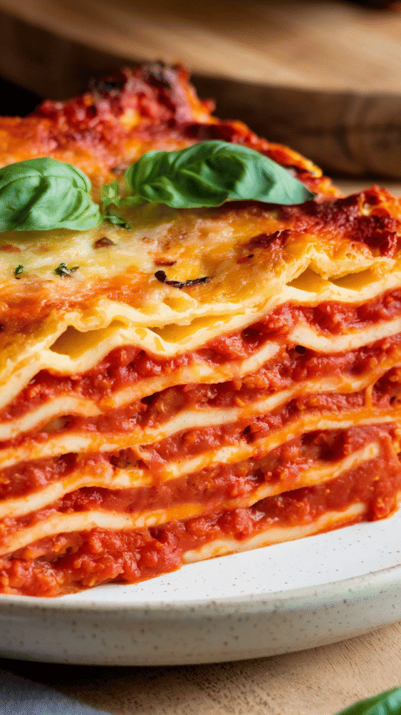 Cozy Pasta Recipe - A cross-section of gooey, cheesy, tomato-rich lasagna straight from the oven.