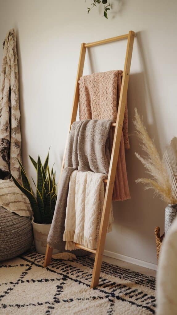 Build or repurpose a ladder to neatly display your softest throws for the cooler months.