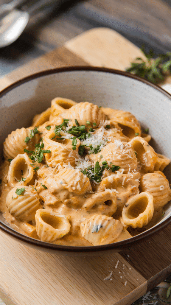 Cozy Pasta Recipe - A bowl of pasta dripping with creamy goodness, little shell pockets catching sauce like hidden treasures.