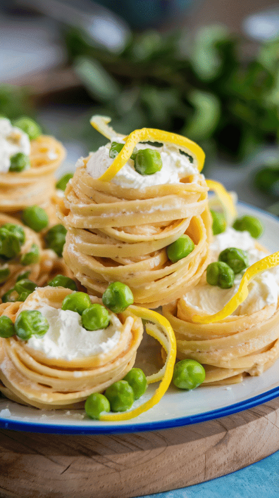 Cozy Pasta Recipe - Twirls of pasta glistening with creamy ricotta, dotted with green peas and bright lemon ribbons.