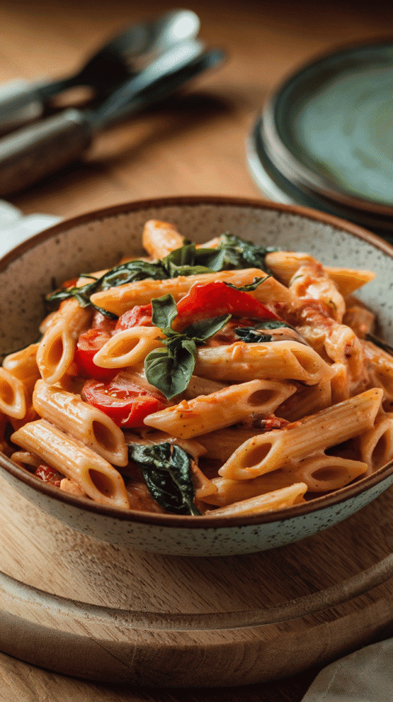 Cozy Pasta Recipe - A rustic bowl of creamy penne with sunset-hued tomatoes and wilted spinach peeking through.