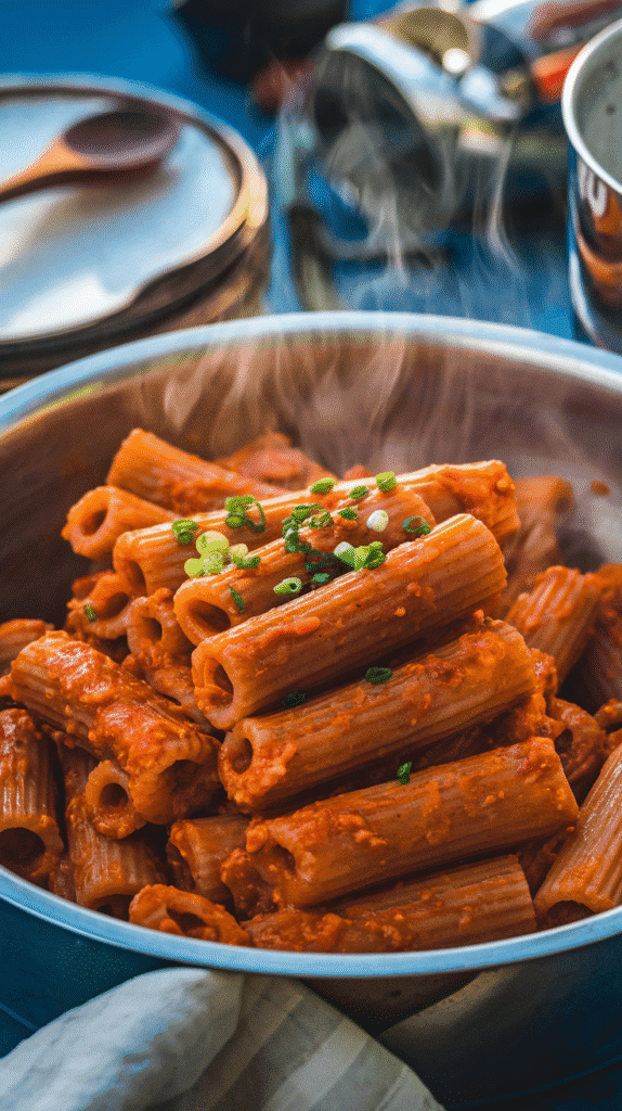 Cozy Pasta Recipe - Thick tubes of pasta coated in a red, spicy sauce, steam rising in the evening air.