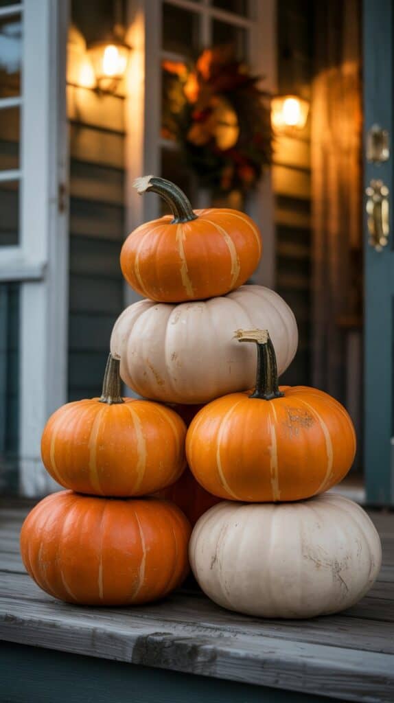 A cluster of orange and white pumpkins stacked neatly by the door, glowing under porch lights.