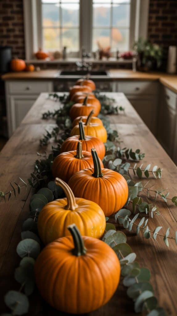 A line of pumpkins running down the center of the table, accented with eucalyptus branches for a soft, organic touch.