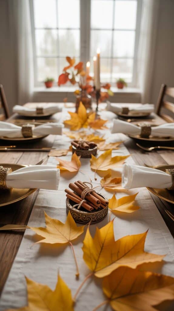 Cozy Fall Tablescapes: Golden leaves scattered across the table runner, paired with cinnamon sticks tucked into napkin rings for a subtle, fragrant detail.